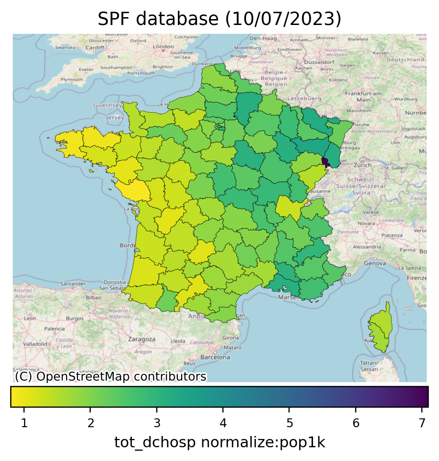 Décès hospitaliers cumulés pour 1000 habitants par département, France métropolitaine, données Santé publique France, carte produite par pyvoa